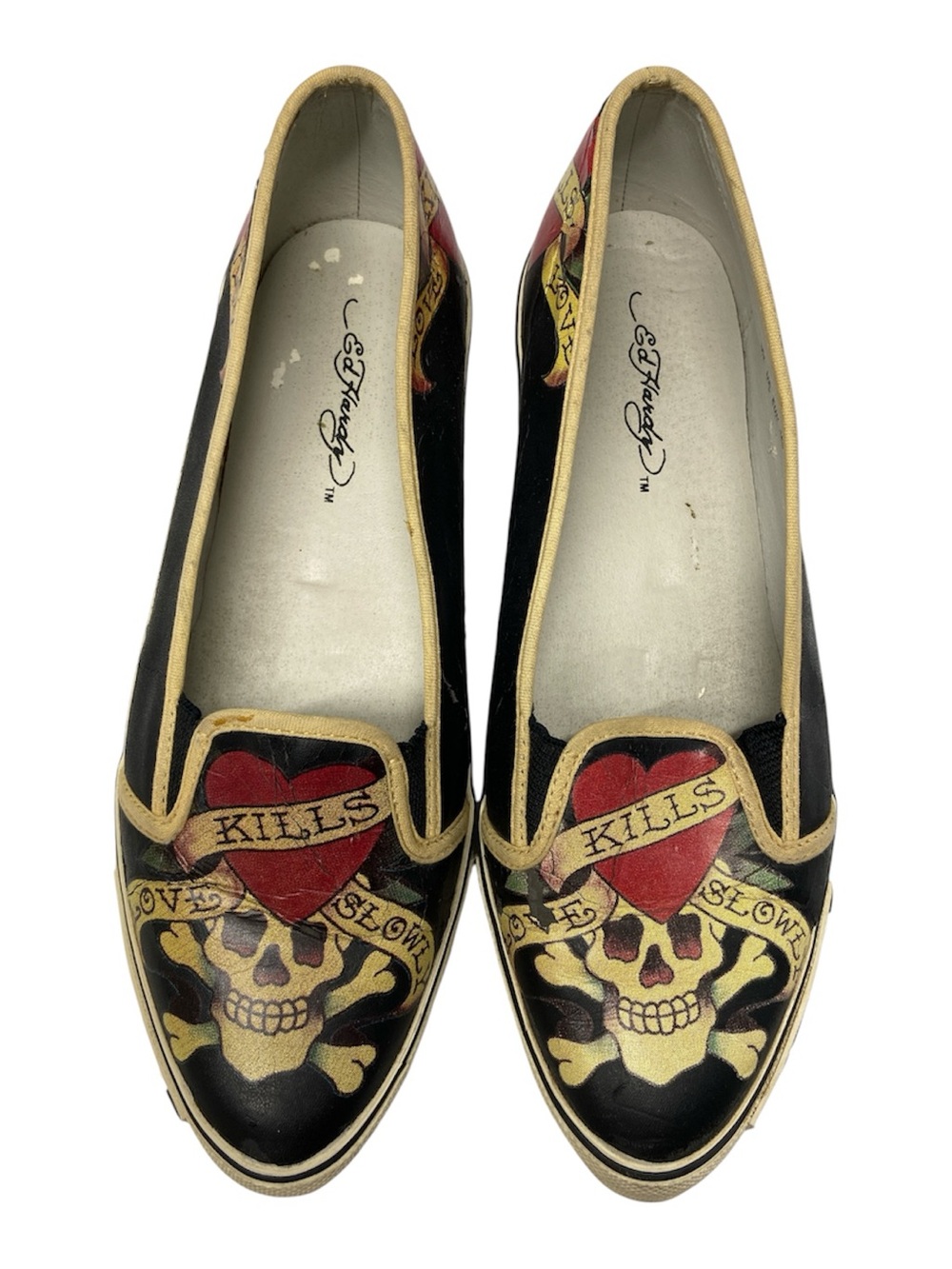Vintage Ed Hardy Black and Red Tattoo-Print Slip-On Flats Size 9